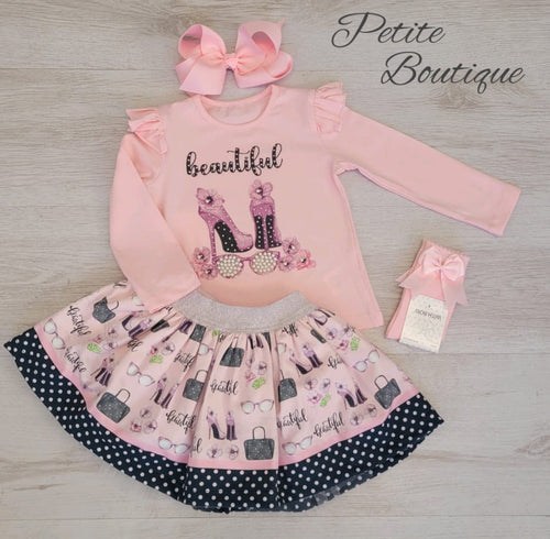 Girls pink ‘beautiful’ top & skirt set