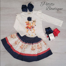 Load image into Gallery viewer, White/navy bear/carousel top &amp; skirt set