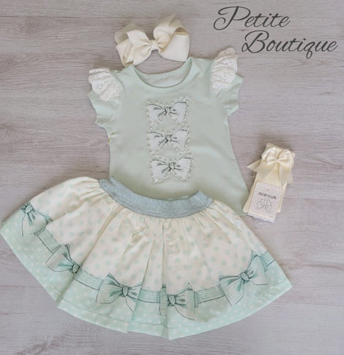 Mint green/cream bow top & skirt set