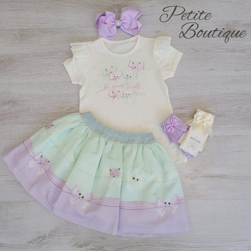 Lilac/ mint green bow skirt set
