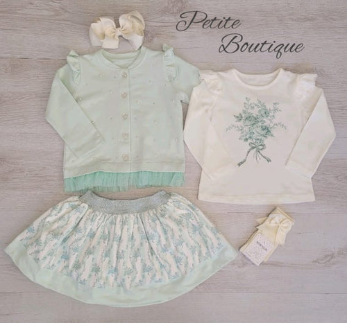 Mint green top, cardigan & skirt set