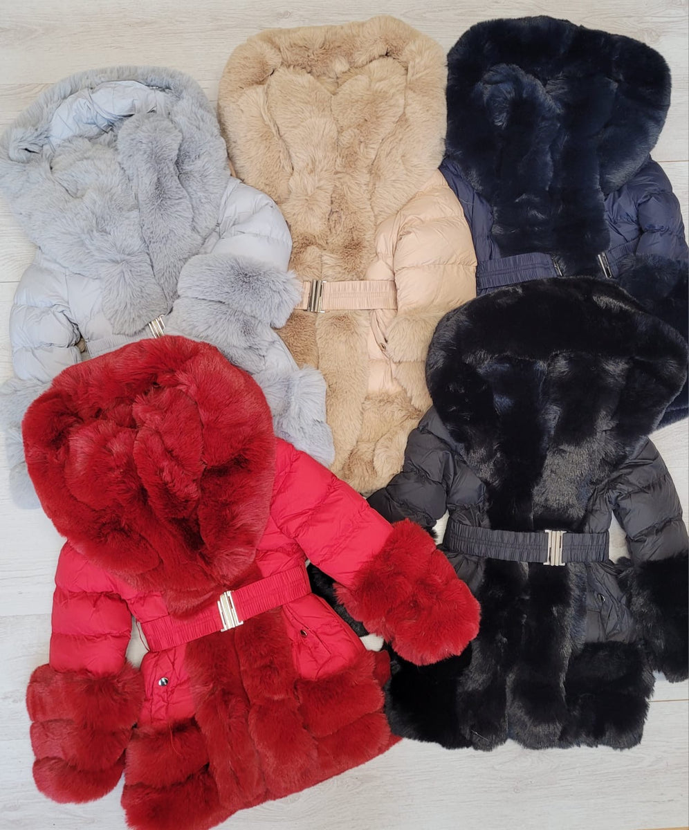 Navy faux fur trimmed coat with hood Petite boutique children s wear