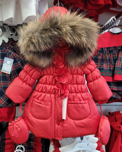 Italian Bufi red coat with fur trim hood