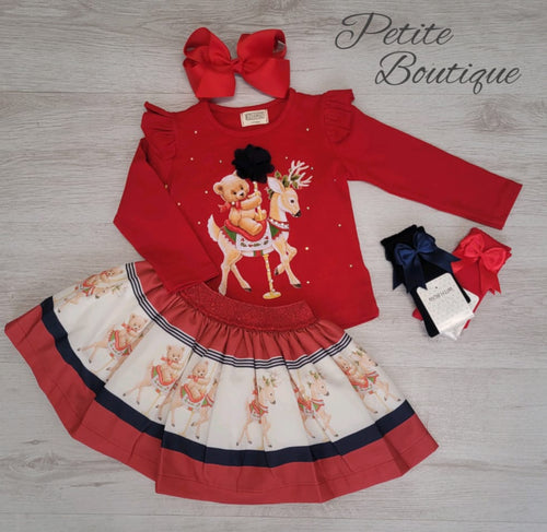 Red bear/carousel top & skirt set