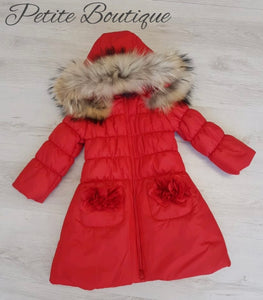 Italian Bufi red coat with fur trim hood