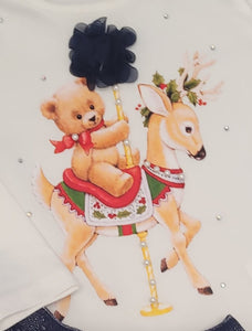 White/navy bear/carousel top & skirt set
