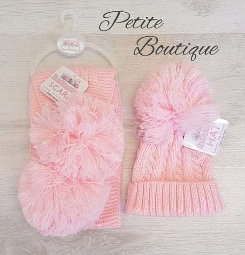 Pink pompom cable knit hat/scarf
