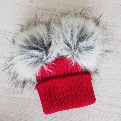 Red faux fur double pompom hat