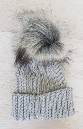 Grey faux fur pompom hat