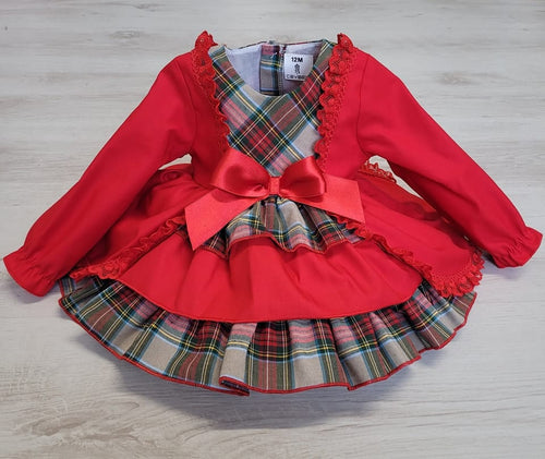 Spanish red tartan frill dress & matching pant set