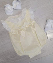 Load image into Gallery viewer, Spanish pastel lemon/white smock double bow romper