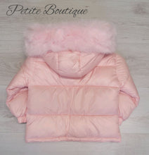 Load image into Gallery viewer, Baby pink padded winter coat with faux fur trim hood