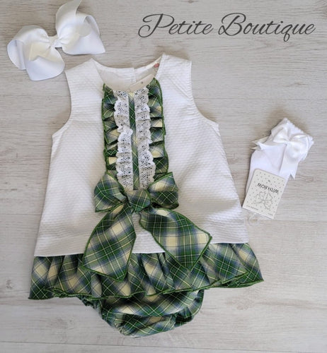 White/green bow dress with matching pants