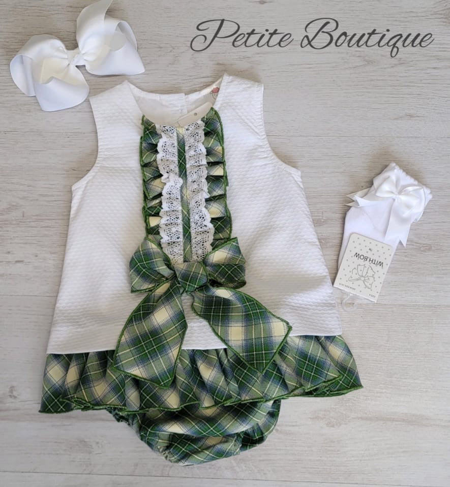 White/green bow dress with matching pants