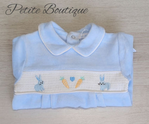 Blue bunny smock velour babygrow