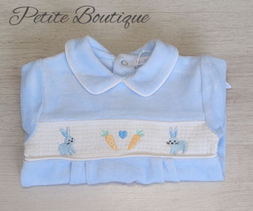 Blue bunny smock velour babygrow