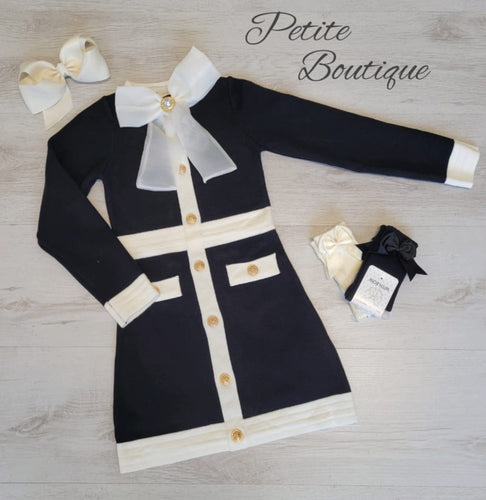 Girls black/white button design dress with detachable bow