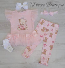 Load image into Gallery viewer, Pink teddy bear top, leggng &amp; headband set