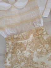 Load image into Gallery viewer, Beige/white smocked shirt &amp; traditional print short set
