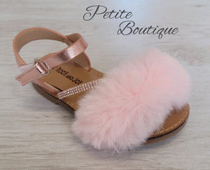 Pink faux fur strap sandals