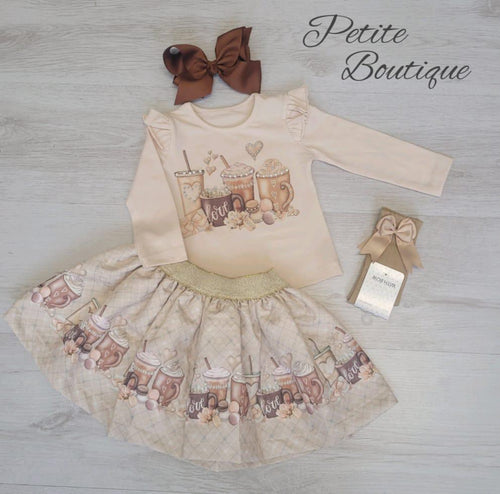 Beige hot drinks top & skirt seti