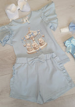 Load image into Gallery viewer, Light blue teddy carousel top, short &amp; headband set