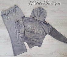 Load image into Gallery viewer, Grey angel velour tracksuit top &amp; flare bottom set