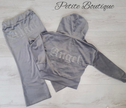 Grey angel velour tracksuit top & flare bottom set