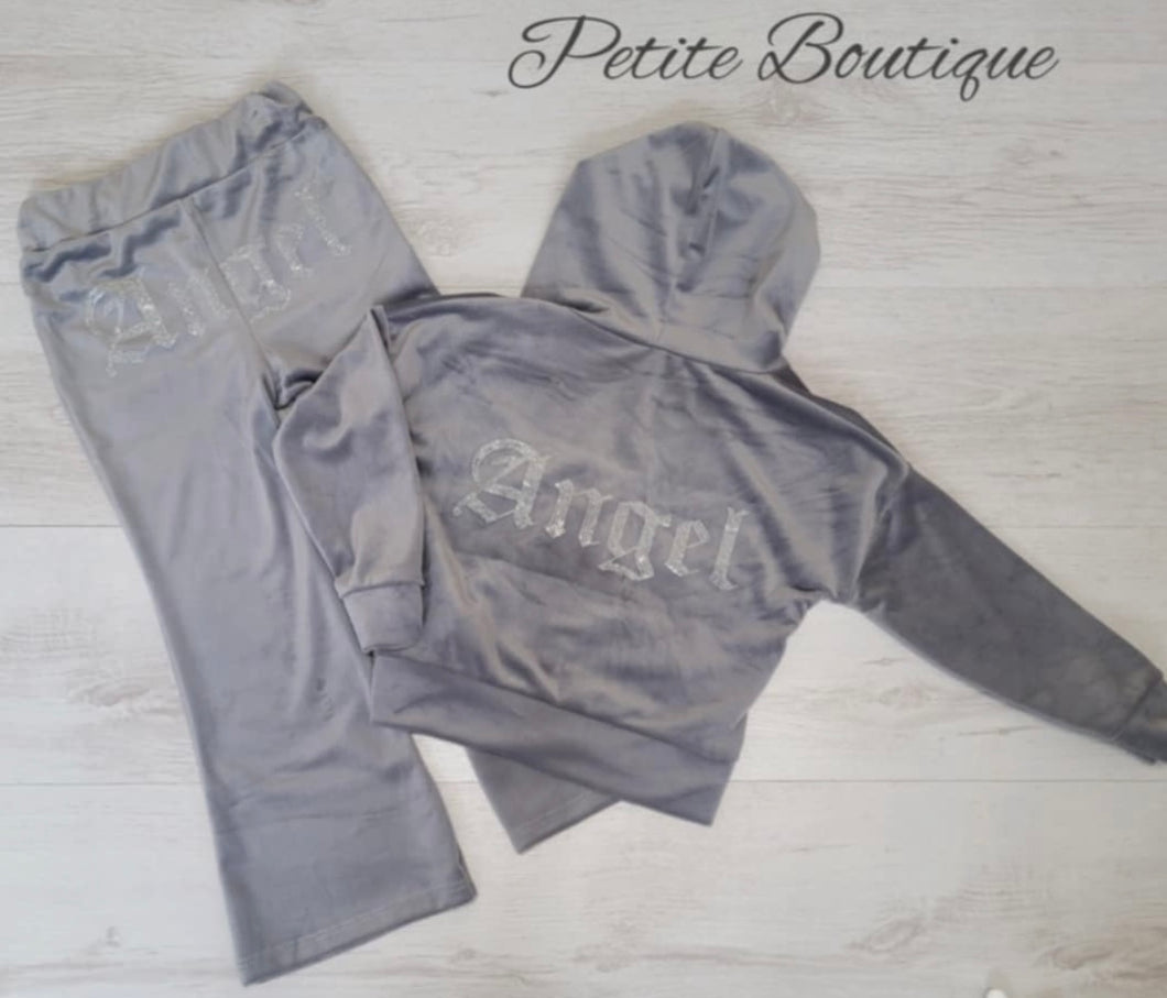 Grey angel velour tracksuit top & flare bottom set