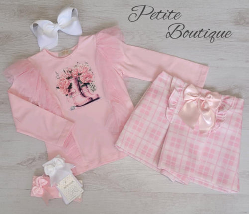 Pink wellies top & bow short set