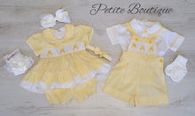 Load image into Gallery viewer, Lemon/white bunny smock dress, pants &amp; headband