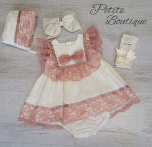 Spanish cream/dusky pink dress, pants & bonnet set