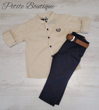 Load image into Gallery viewer, Boys beige shirt &amp; navy chinos set