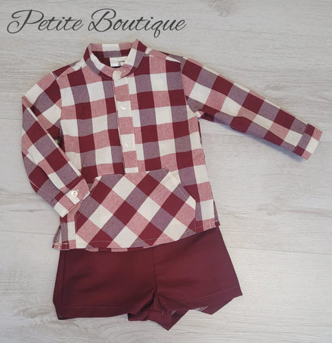Spanish burgundy check older boys shirt & short set