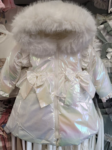 Girls iridescent double bow coat with faux fur trim hood