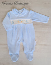 Load image into Gallery viewer, Blue bunny smock velour babygrow