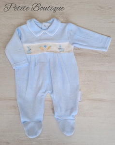 Blue bunny smock velour babygrow
