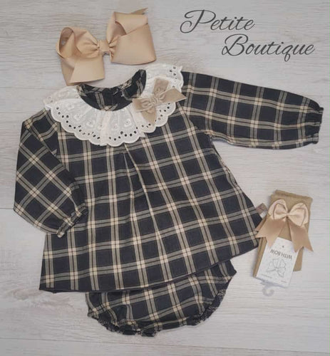 Calamaro beige check dress & matching pants set
