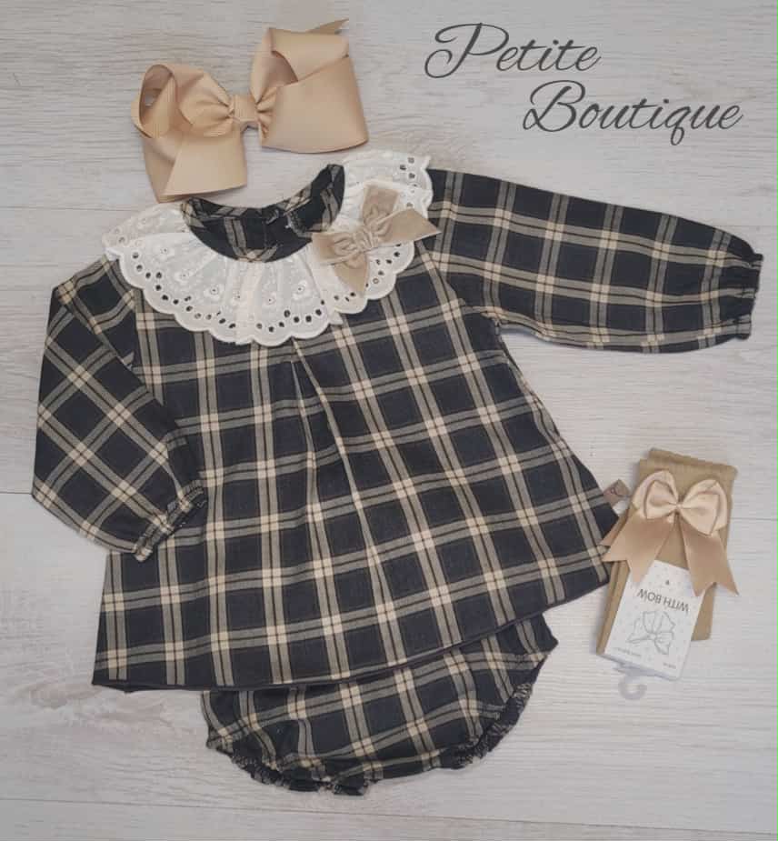 Calamaro beige check dress & matching pants set