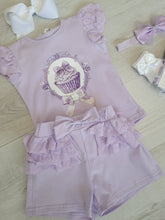 Load image into Gallery viewer, Lilac cupcake top, short &amp; headband set