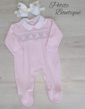 Load image into Gallery viewer, Pink teddy bear smocked cotton babygrow