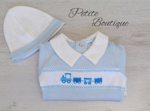 Smocked train babygrow with hat