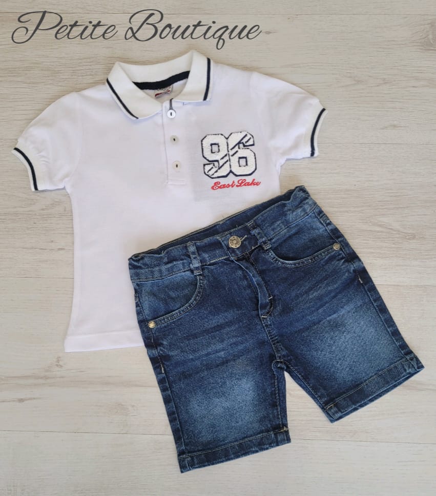 Boys white polo shirt jean shorts set Petite boutique children s wear