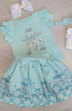 Load image into Gallery viewer, Mint green carousel top, skirt &amp; headband set