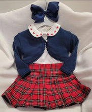 Load image into Gallery viewer, EMC heart collar vest, skirt &amp; navy Spanish bolero set