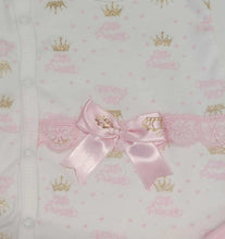 Load image into Gallery viewer, Pink princess 4pc set top with fold over mitts, bottoms, hat &amp; bib