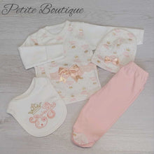 Load image into Gallery viewer, Peach princess 4pc set top with gold over mitts, bottoms, hat &amp; bib