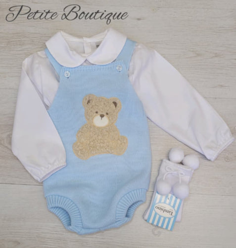 Baby blue teddy bear knit romper & short set