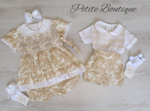 Beige/white smocked shirt & traditional print short set