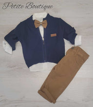 Load image into Gallery viewer, Boys 3pc set navy zip cardigan, trousers &amp; dickie bow shirt set
